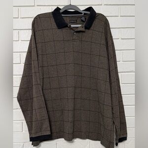 Men’s George long-sleeve polo shirt with a brown and black grid pattern. Size 2X